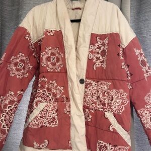Free people Cream and Red Puffer Jacket with Intricate Patterns